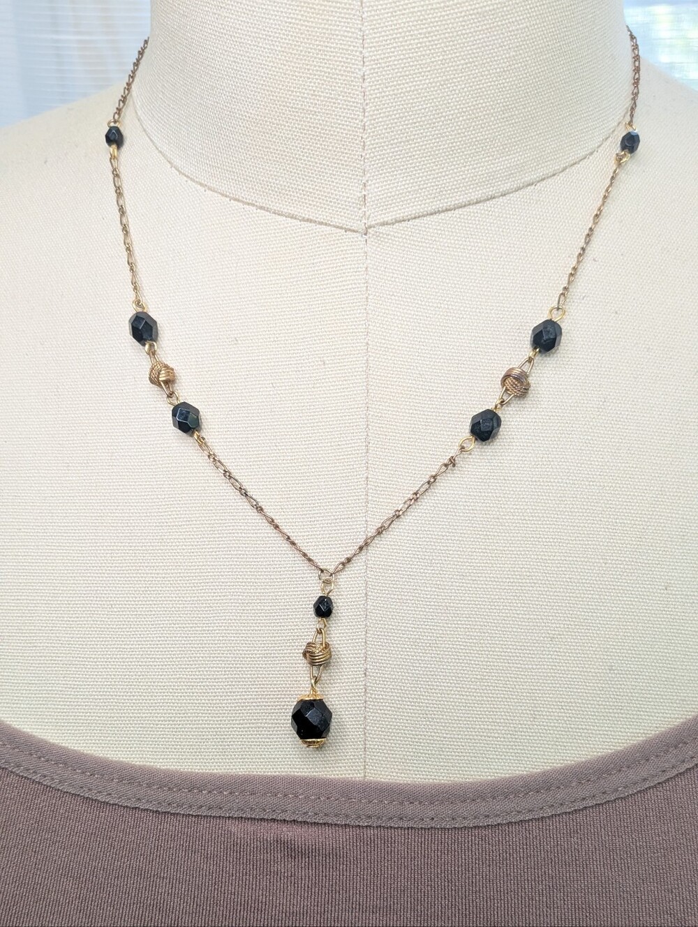 Vintage Antique Brass Black Glass Bead Drop Y Necklace - As Is Wear